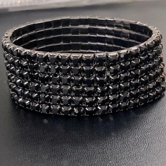 Black 6-Row Rhinestone Stretch Fit Bracelet - Picture 5 of 5